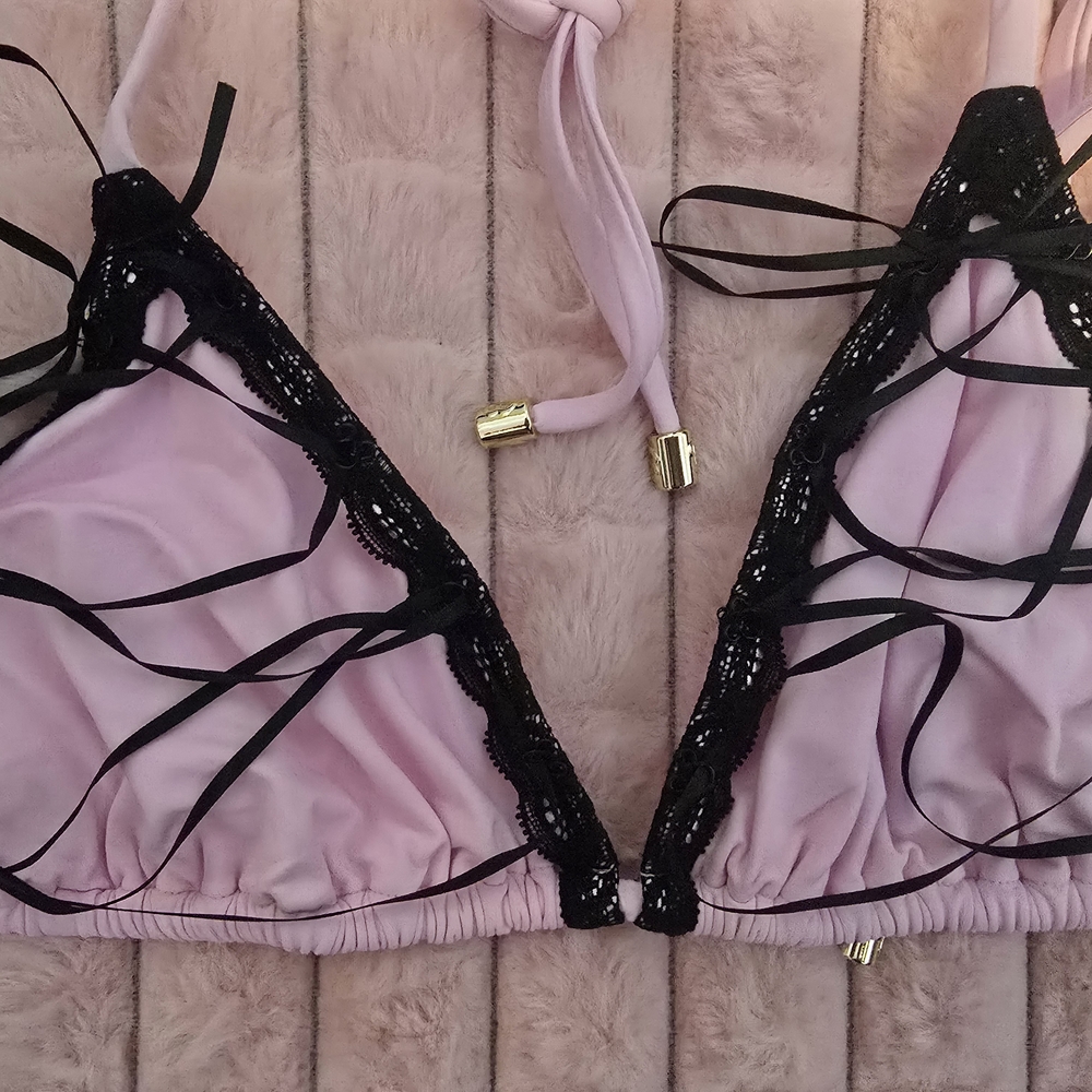Elegant Pink and Black Lace Bikini Top